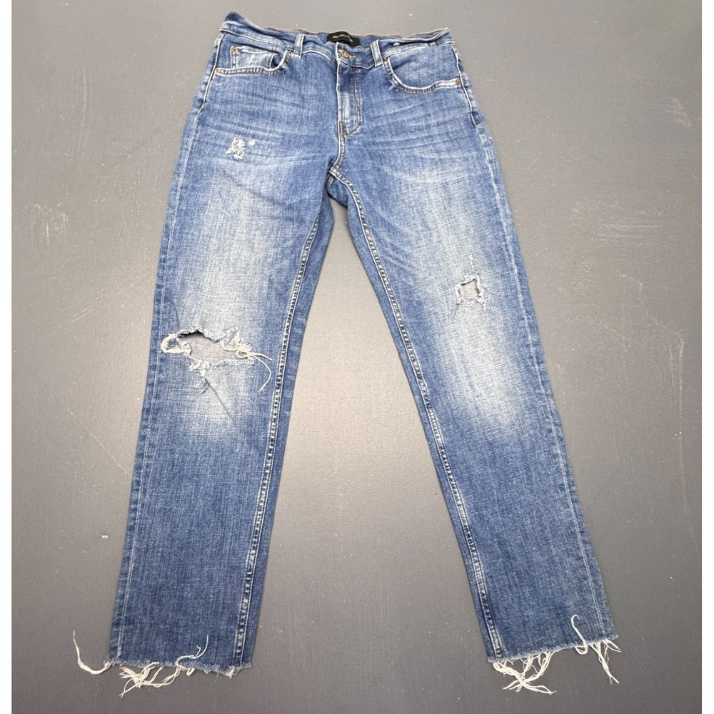 Massimo Dutti Women's Size 6 Blue Straight Denim Jeans Distressed Frayed Stretch